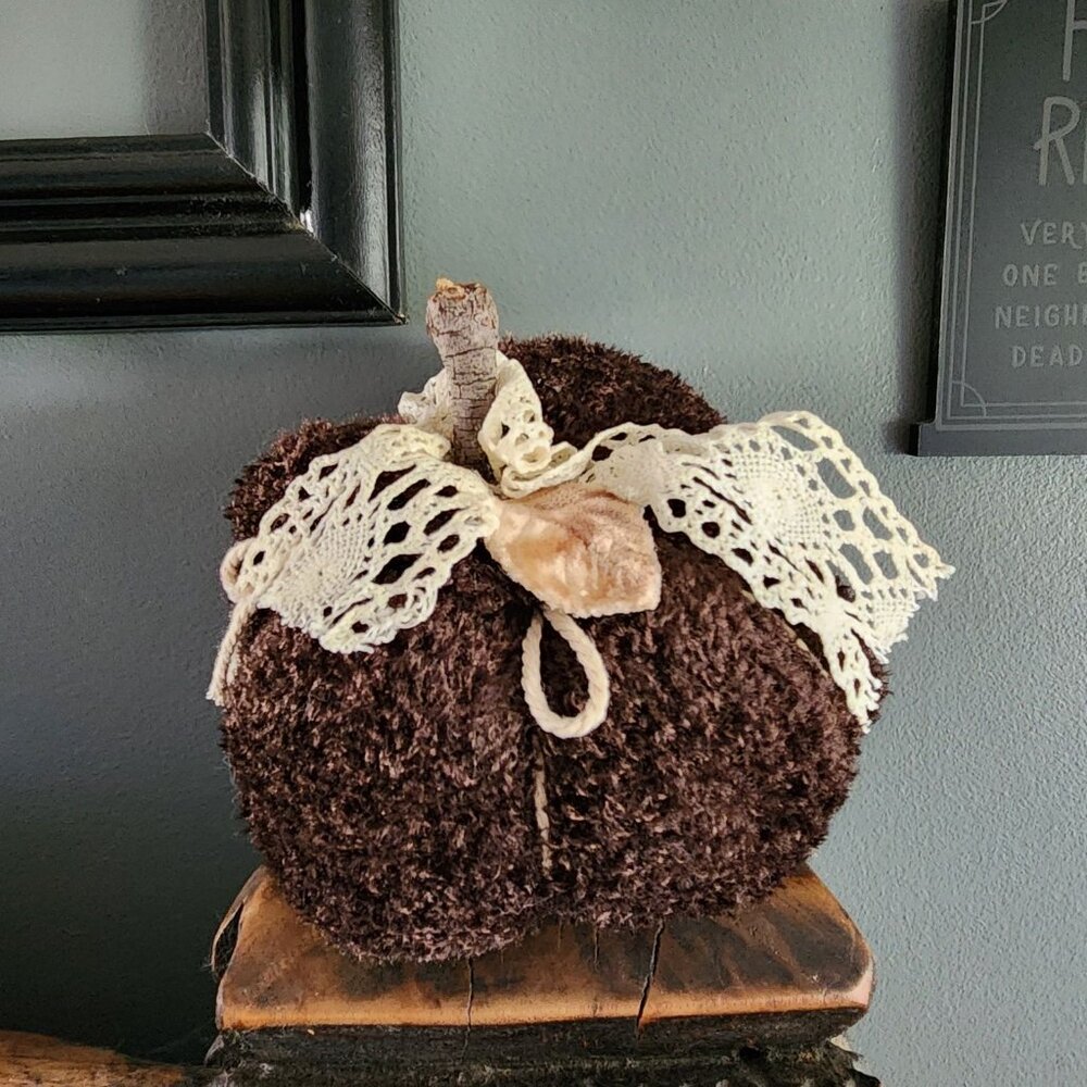 Knit Sweater Pumpkin Pillow Pouf, Upcycled Brown Chenille with Vintage Lace - Picture 5 of 9